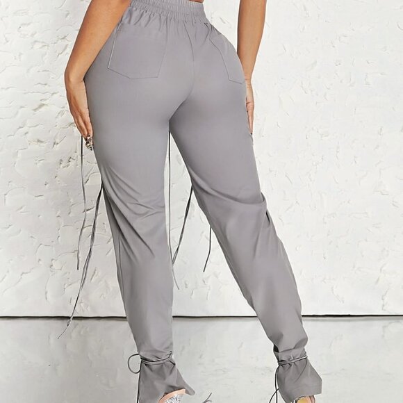 Grey Casual Womens Flap Pocket Side Drawstring Hem Cargo Pants - Picture 4 of 5